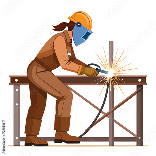 Skilled female welder in protective gear skillfully joins metal beams with sparks flying, illustrating industrial craftsmanship and construction