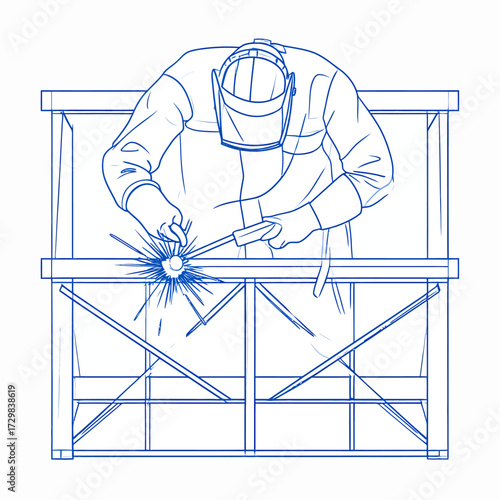 Clean vector outline of a welder working on a metal structure, generating sparks during the industrial welding process. Overhead illustration of essential metal fabrication
