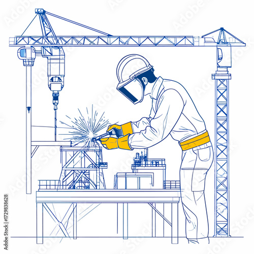 Flat vector outline of a skilled welder performing arc welding with sparks, protective gear, at an industrial site, illustrating metal fabrication, safety, and a crane