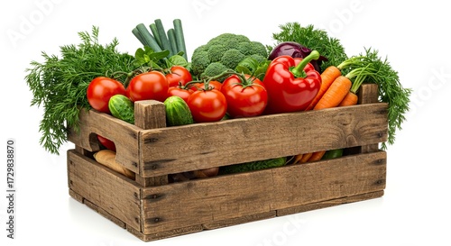 A wooden crate overflows with fresh produce tomatoes broccoli peppers and more