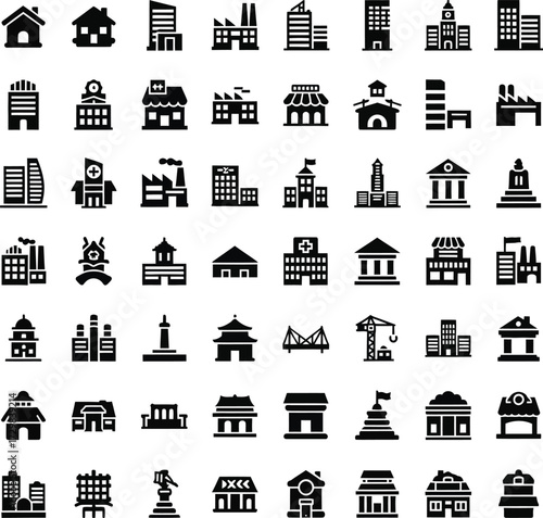 Collection of diverse building and architecture icons