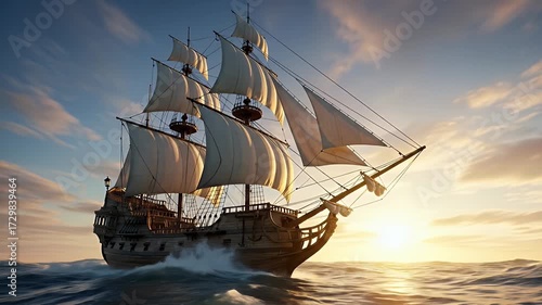 Historic pirate sailing ship at sunset on the open ocean with dramatic waves and golden sky