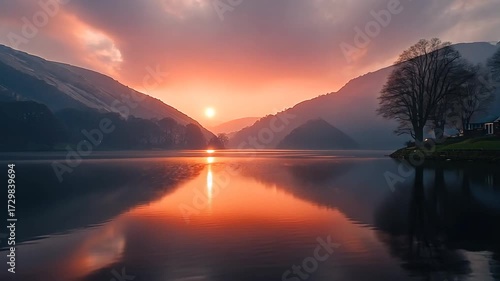 Wallpaper Mural Breathtaking wide angle view golden sunset light reflecting on calm mountain lake with majestic hills under dramatic sky for serene tranquil travel nature mindfulness concept Torontodigital.ca