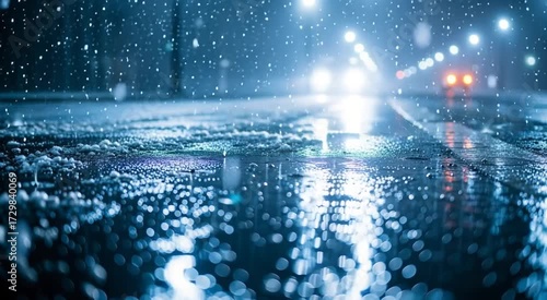Close up of a snowy city street at night with car lights in the background