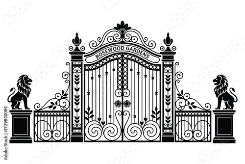 Ornate Iron Gate with Lions Leading to Rosewood Gardens Black and White