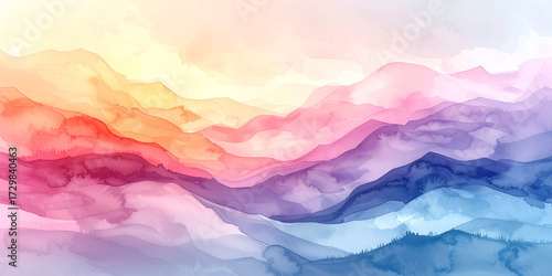 Vibrant abstract watercolor landscape art. Flowing gradients of soft pastel and deep hues create a serene, modern design, evoking tranquil nature or misty mountains, ideal for backgrounds