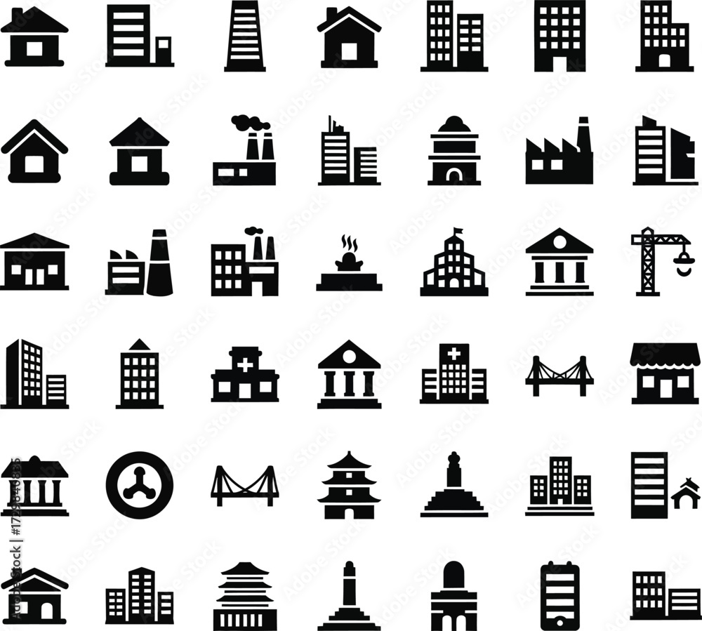 Fototapeta premium Collection of diverse building icons and silhouettes