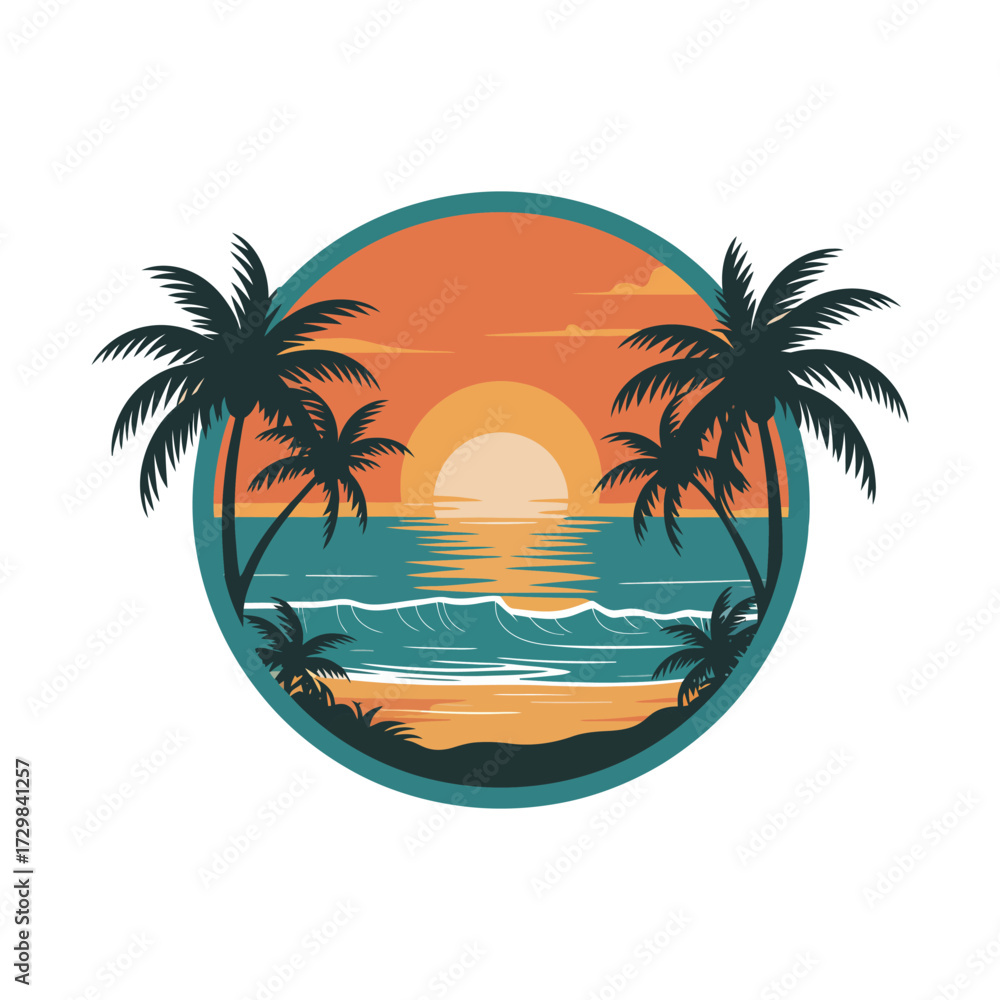 Obraz premium Tropical beach sunset scene with palm trees in circle frame