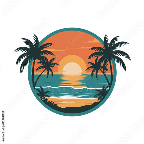 Tropical beach sunset scene with palm trees in circle frame