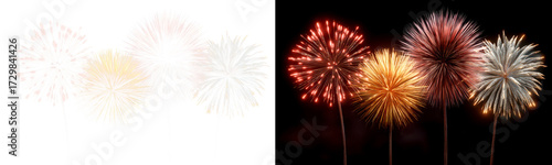 Set of Colorful fireworks display lighting up the night sky in celebration Display on Transparent and Black Background, png