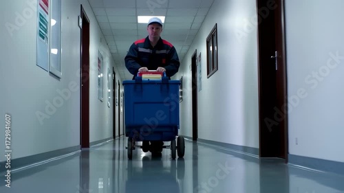 Worker transports documents in a hospital hallway using a blue cart system