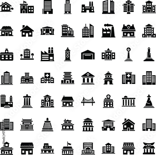 Collection of diverse building icons and silhouettes