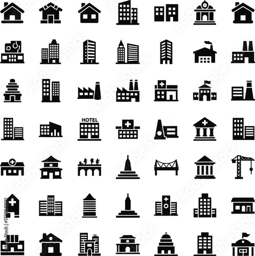 Collection of diverse building icons and silhouettes