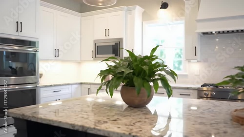 Slow pan of luxury white kitchen with granite countertop island and houseplants, perfect for real estate marketing and interior design projects