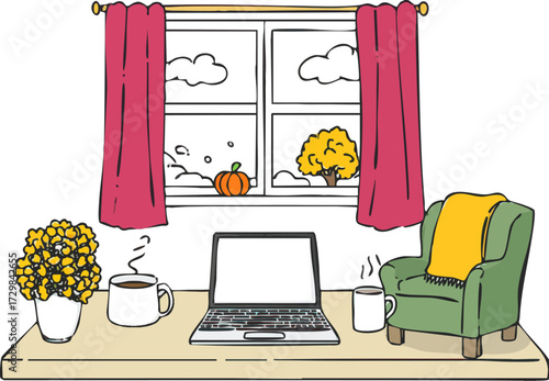 a cozy living room scene featuring a laptop two potted plants and a chair