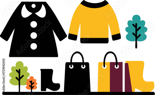 a flat design featuring different clothing items such as a black coat a yellow sweater and several bags