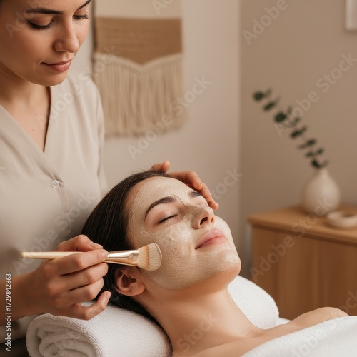 Esthetician applying clay facial mask to woman at a beauty spa.