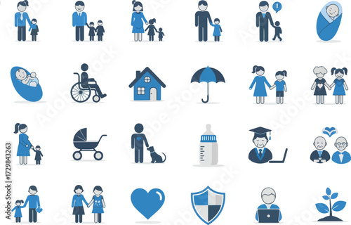 Set of family and care icons simple flat vector design elements isolated on white background