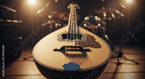 Close-up of bouzouki on stage, musical instruments in background