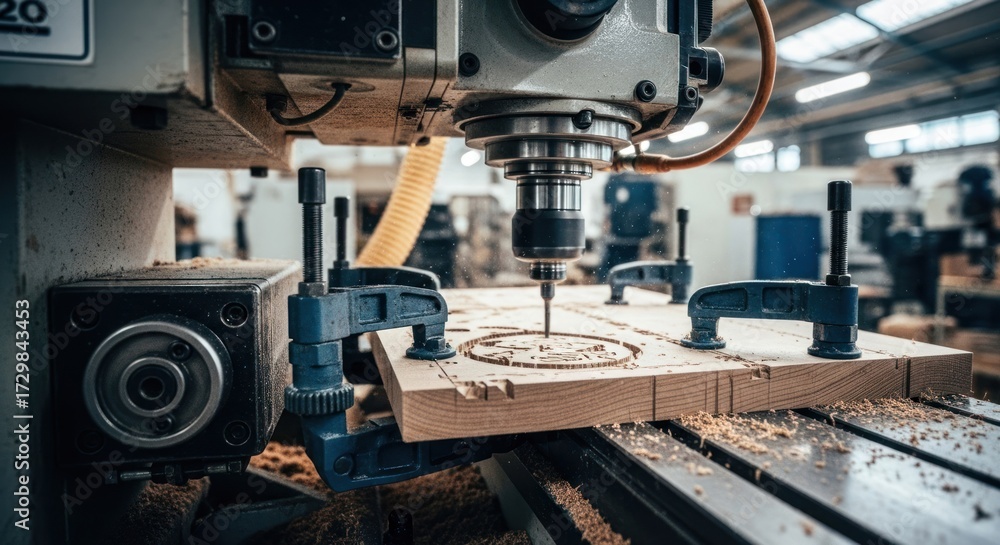 Fototapeta premium Close-up of CNC router machine working on wood