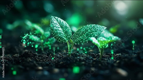 Futuristic green seedlings sprout from soil, glowing with digital data particles representing agricultural technology and innovation.