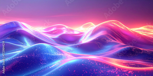 Vibrant Abstract Digital Landscape with Neon Glow and Futuristic Wavy Surfaces