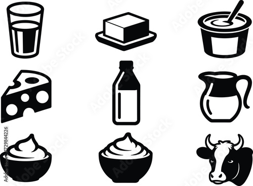 Dairy Product Silhouette Icon Set Featuring Milk, Cheese, Yogurt, Butter, Cream, Cow Symbol, and Farm Fresh Food Graphics