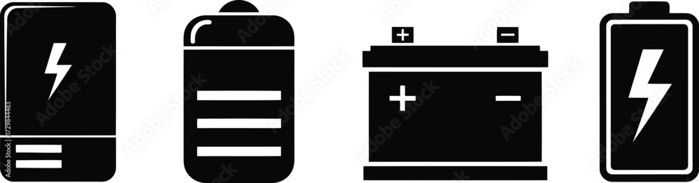 Fototapeta premium Set of four black battery icons with lightning bolt and plus minus symbols Keywords: battery, power, energy, electric, charge