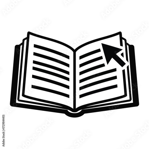 Open Book Icon with Cursor Arrow Pointing to Text on White Background Keywords: open book, book icon, cursor, arrow, pointer