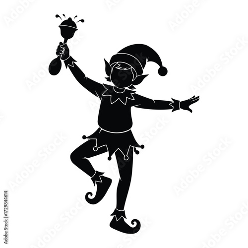 Silhouette of a dancing Christmas elf holding a jester's rattle vector illustration