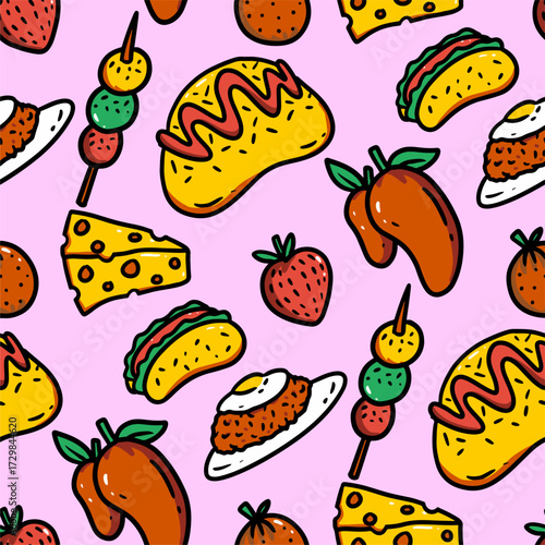 food illustration cartoon cheese hotdog strawberry orange dango mango fried rice nasi goreng ketchup