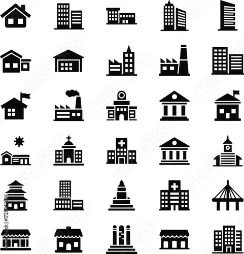 Collection of diverse building icons for architecture and city planning