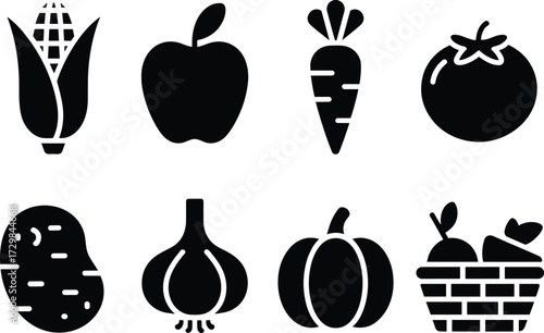 Fruit and vegetable silhouette icon set featuring corn, apple, carrot, tomato, garlic, basket, and farm produce for vector design