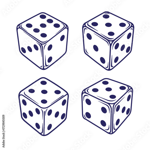 Four stylized dice displaying different numbers on a white background for gambling concepts.