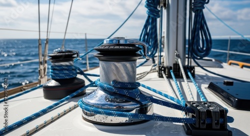 Close-up of nautical winches and ropes