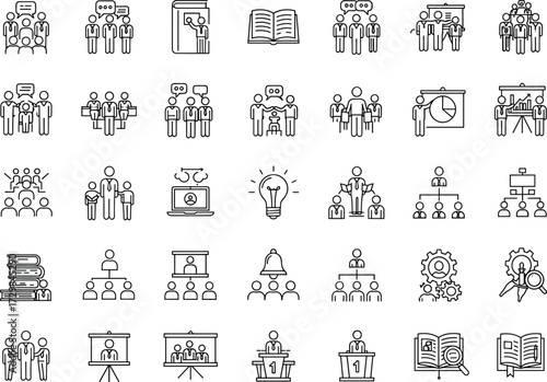 Outline Business Meeting, Education, and Teamwork Vector Icons Set, SEO Optimized Collection for Presentation, Management Structure, Training, Idea 