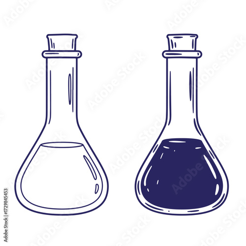 Hand drawn illustration of two chemistry flask illustrations with blue and white contents isolated on white