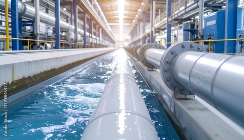 Industrial water treatment facility; long pipes carrying water