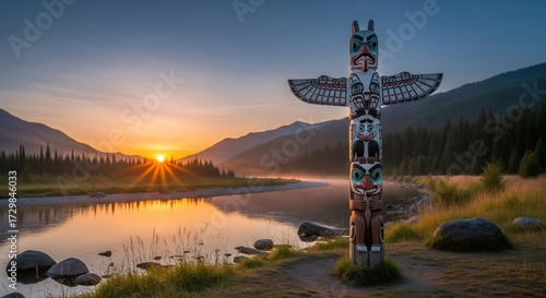 Totem pole stands by a river at sunrise, British Columbia, Canada.