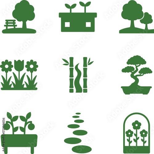 Green Garden and nature Park icon set with silhouette vector illustration for landscaping and outdoor design bundle
