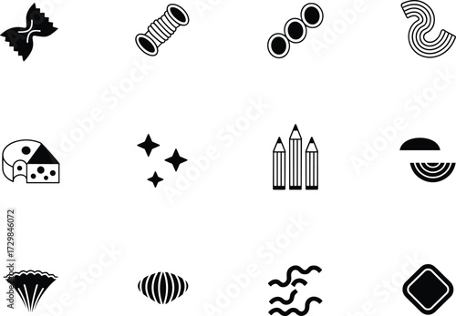 Minimalist Black and White Icons of Pasta, Cheese, Burger, and Food Elements – Vector Set for Culinary Design and Kitchen Branding