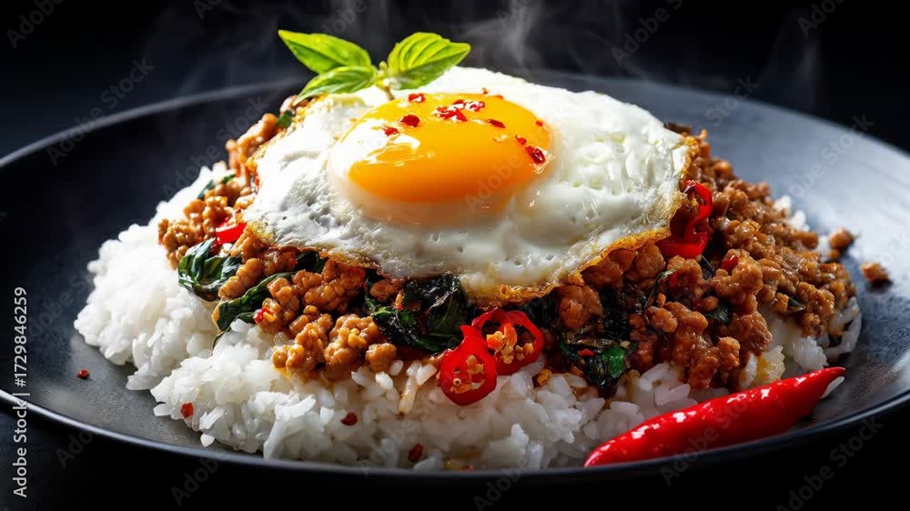 pad ka praow thai basil pork fried egg jasmine rice chili garlic basil minced pork stir fry comfort meal with steam rising vivid colors spicy Thai basil pork rice