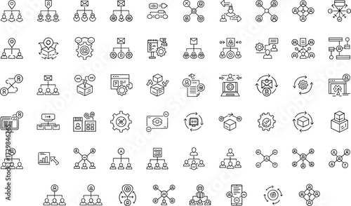 Outline Business Process Management and Workflow Vector Icons Set, SEO Optimized Collection for Corporate Structure, Teamwork, Strategy, Data Exchange, Communication, and Project Development 