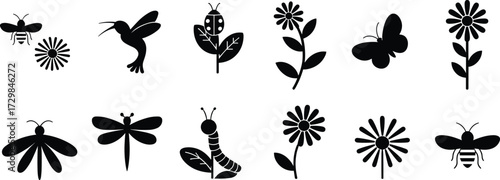 Pollinator and flower silhouette set featuring bees, butterflies, dragonflies, birds, and blossoms for nature, garden, insect, and vector design