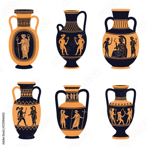 Ancient Greek pottery styles featuring mythological scenes and human figures.