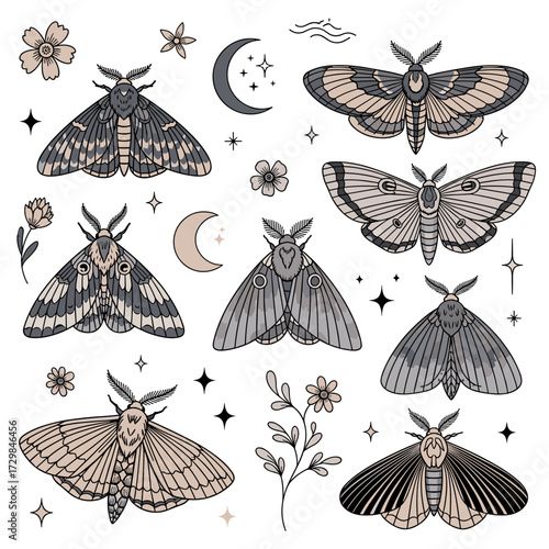 Mystical moths and celestial symbols create a whimsical night sky design.