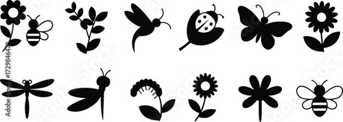Pollinator and flower silhouette set featuring bees, butterflies, dragonflies, hummingbirds, ladybugs, and blossoms for nature, garden, insect vector design