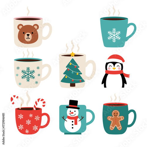 A delightful collection of festive holiday mugs filled with steaming hot beverages perfect for winter.