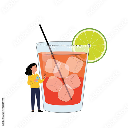 A refreshing tropical drink served with a lime garnish and a straw stands tall with a small person standing beside it.