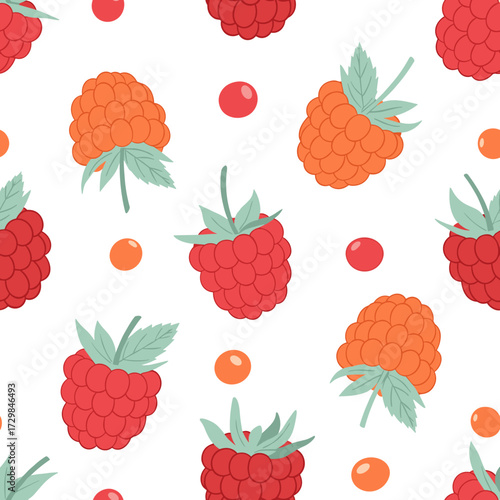 A delightful pattern featuring ripe raspberries and tiny red berries on a white background.